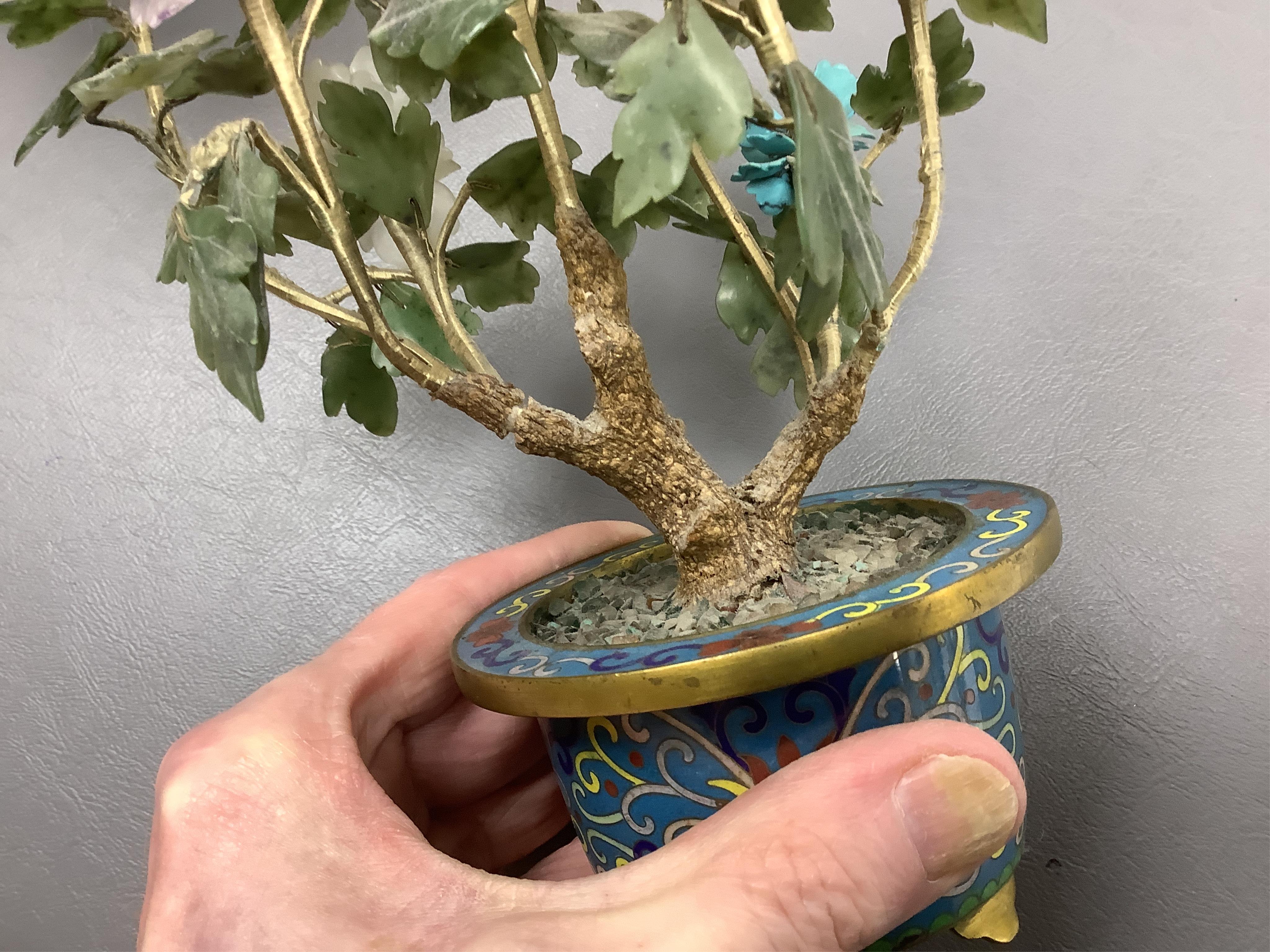 A pair of Chinese hardstone trees, in cloisonne jardinieres, 23cm high